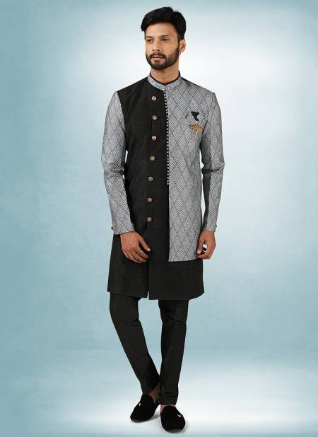 Black And Gray Colour Excluisve Wear Art Silk Digital Print Kurta Pajama With Jacket Mens Collection 1453